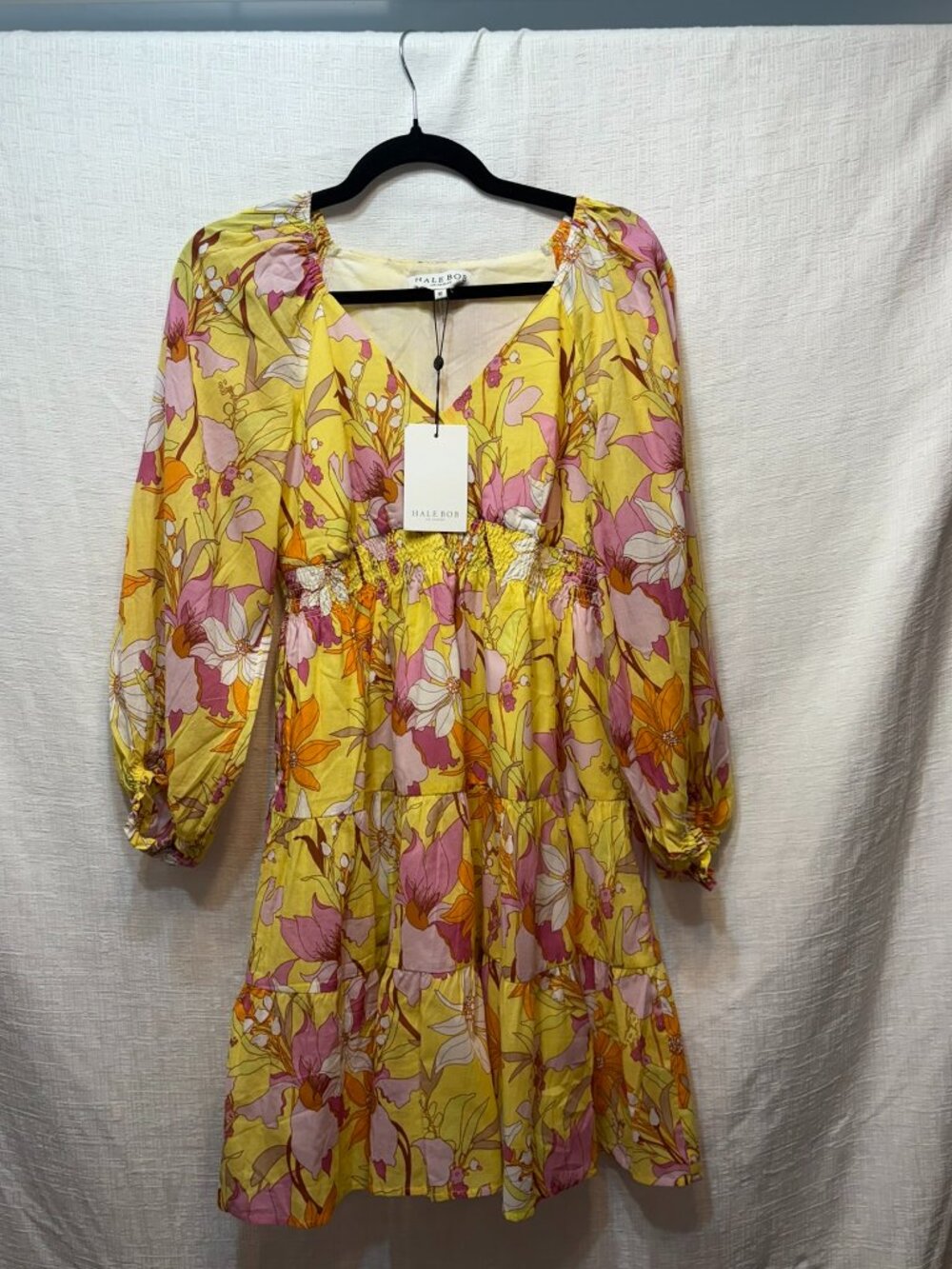 NWT Hale Bob Floral Puff Sleeve Tiered Smocked Mini Dress Medium Yellow Pink